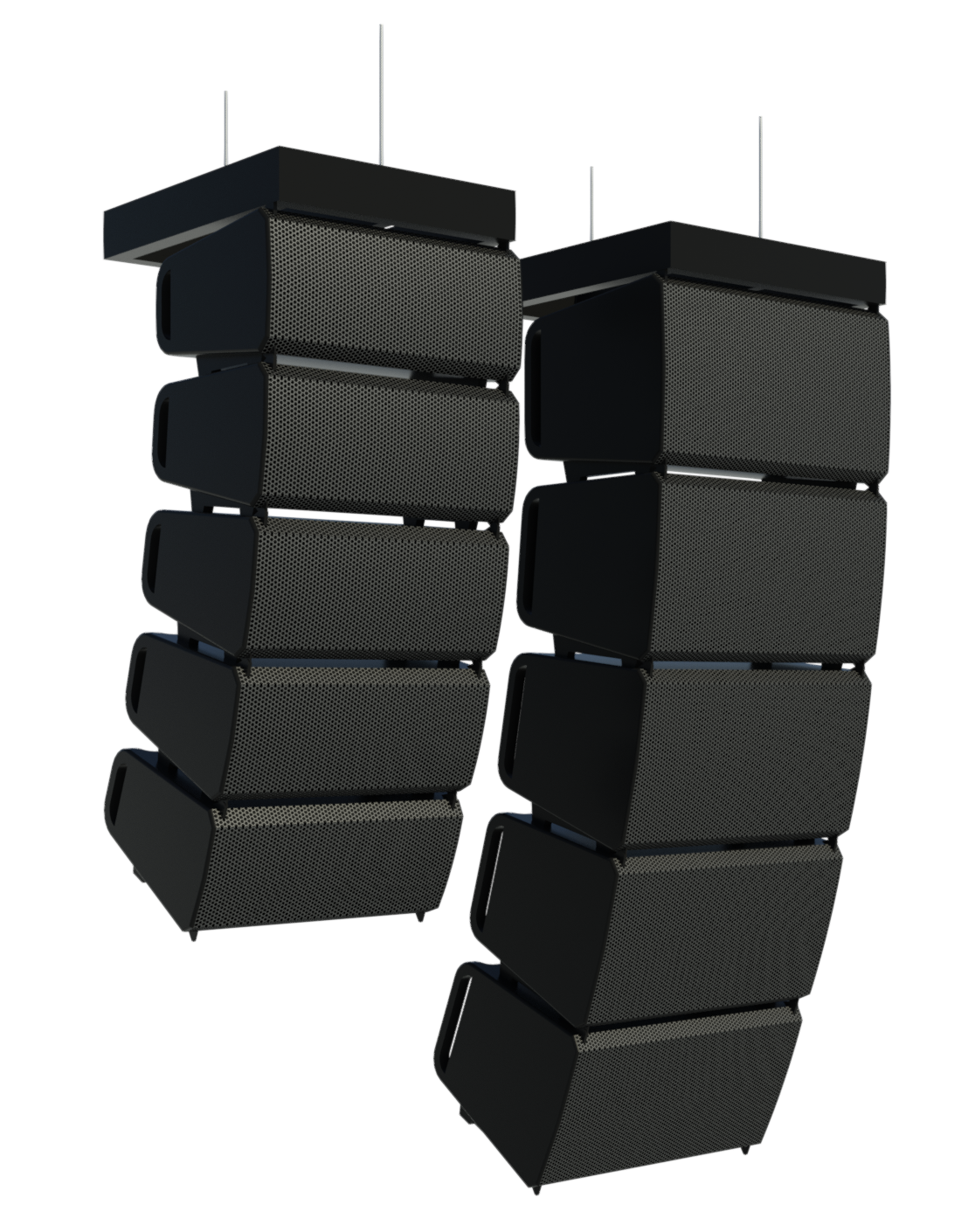 Revit render of L Class LA108 & LA112 flown loudspeaker line arrays with array frame at 12 degrees